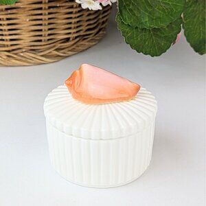 White Bone China Trinket Box with Peach Conch Shell Lid Coastal Elegant Keepsake